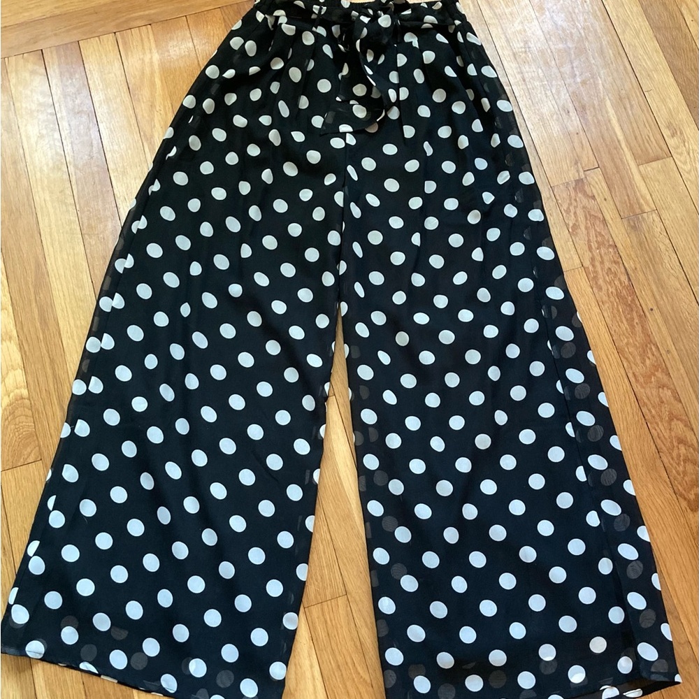 Wide Leg Polka Dot Pull-On Pants - Black & White